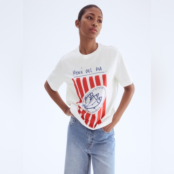 H&M Tops - H&M White and Red Graphic Tee - Short Sleeve